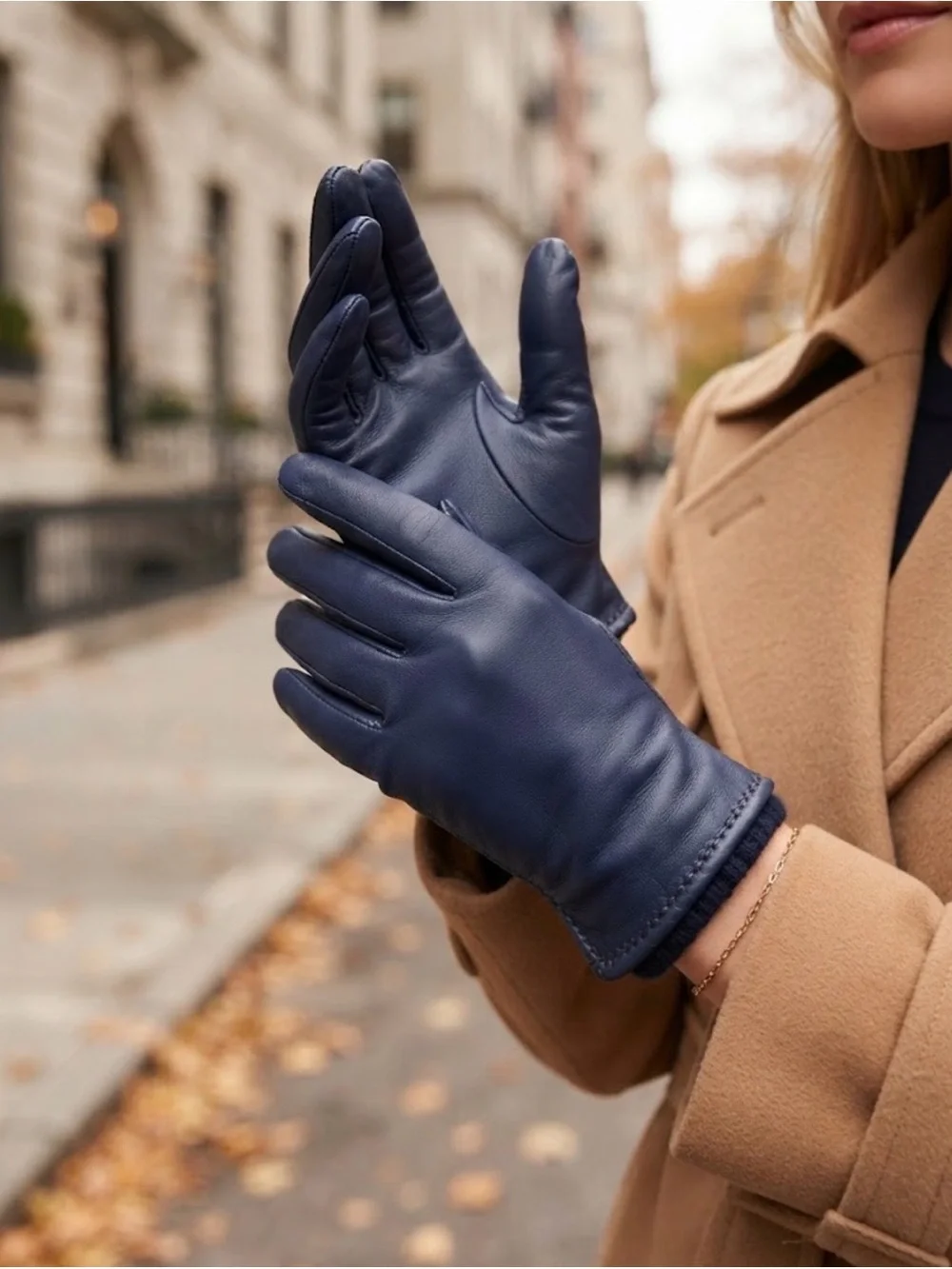 Vintage Navy Blue Leather Gloves Knit Lining Classic Winter Warm
